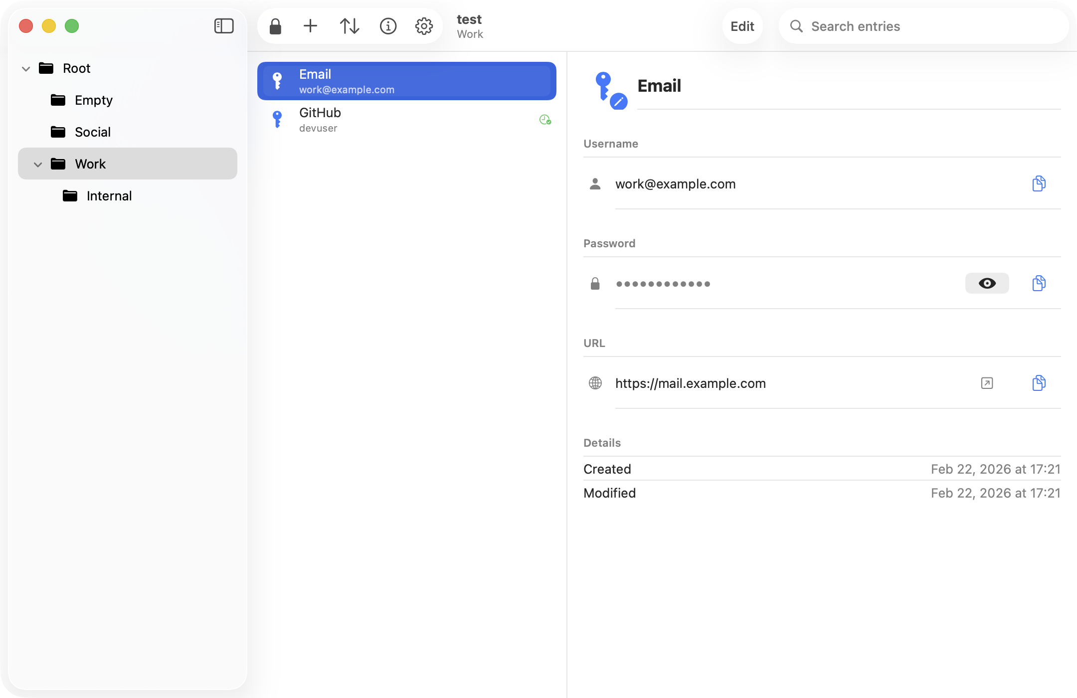 KeeForge’s native Mac window with groups, entries, and password details